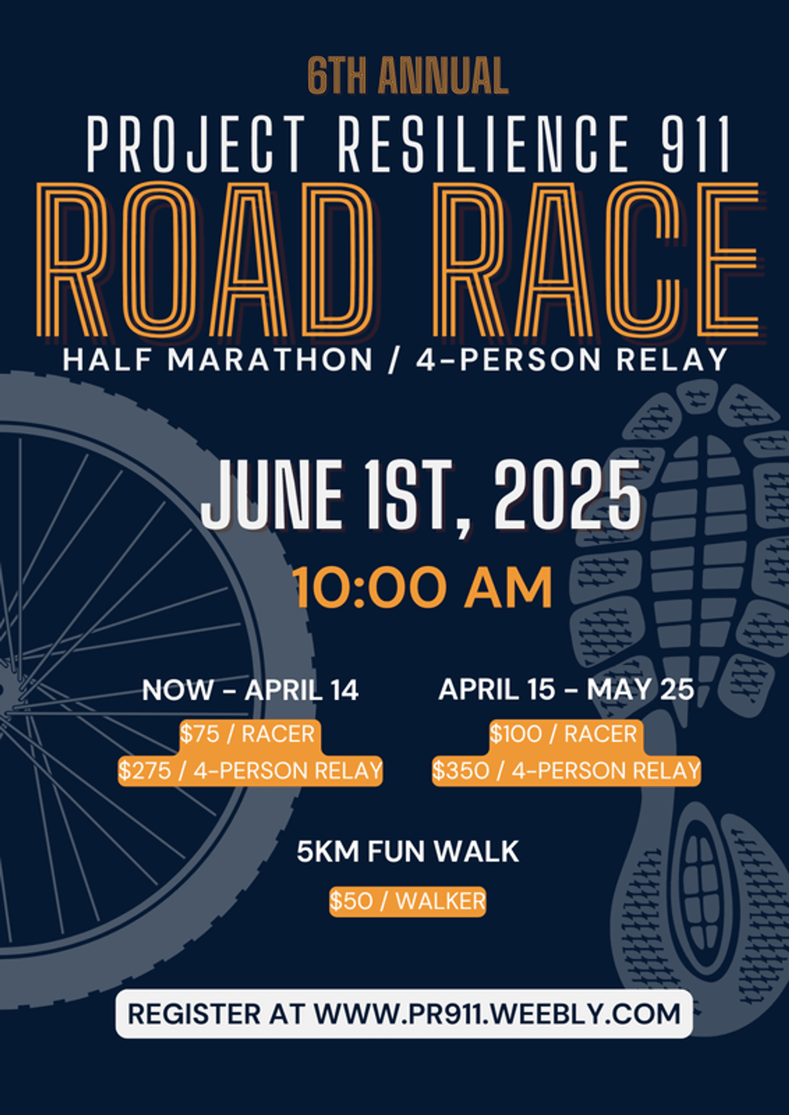 Promotional poster for the 6th Annual Project Resilience 911 Road Race and Fun Walk on June 1, 2025, at 10:00 AM. Features registration details, including prices and dates for the half marathon, relay, and 5km walk. Includes a stylized outline of a shoe and bicycle wheel.