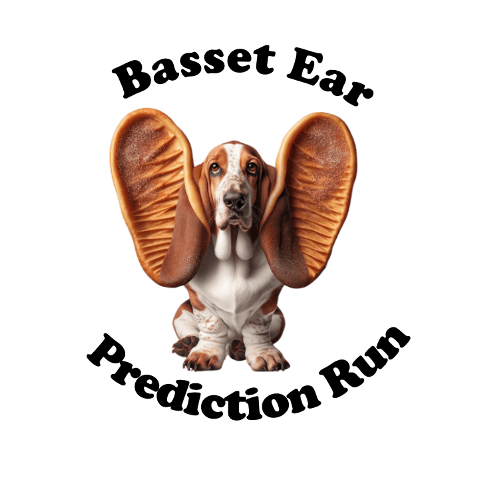 A basset hound with oversized, toasted bread slices as ears sits facing forward, against a plain background.