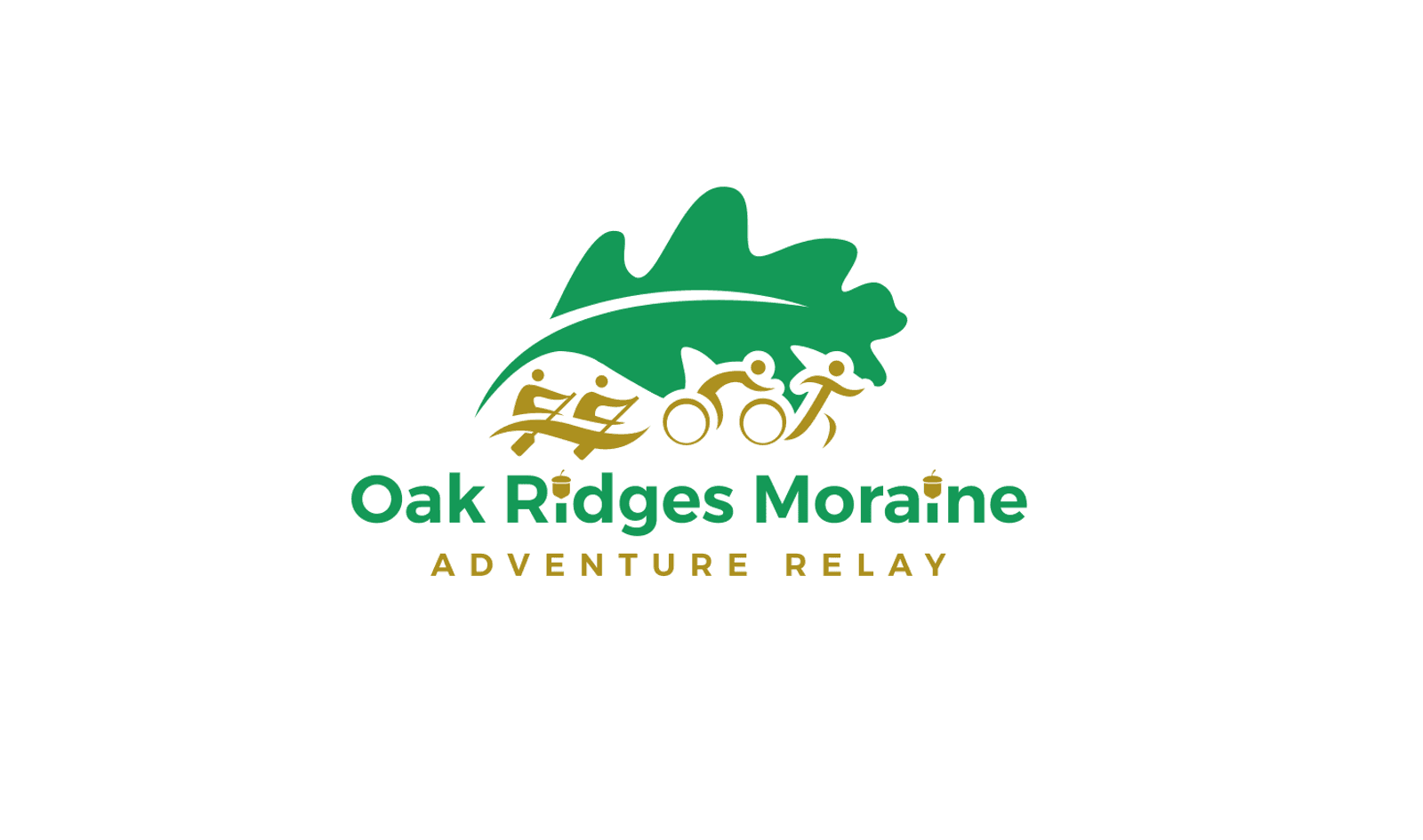 Logo for Oak Ridges Moraine Adventure Relay featuring green and gold stylized figures running, cycling, and paddling under a green leaf silhouette. The text reads "Oak Ridges Moraine Adventure Relay.